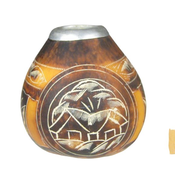 Art Gourd Vase Bowl Argentina  Carved Designs Birds House Trees Person 2.8 inch - Picture 5 of 9